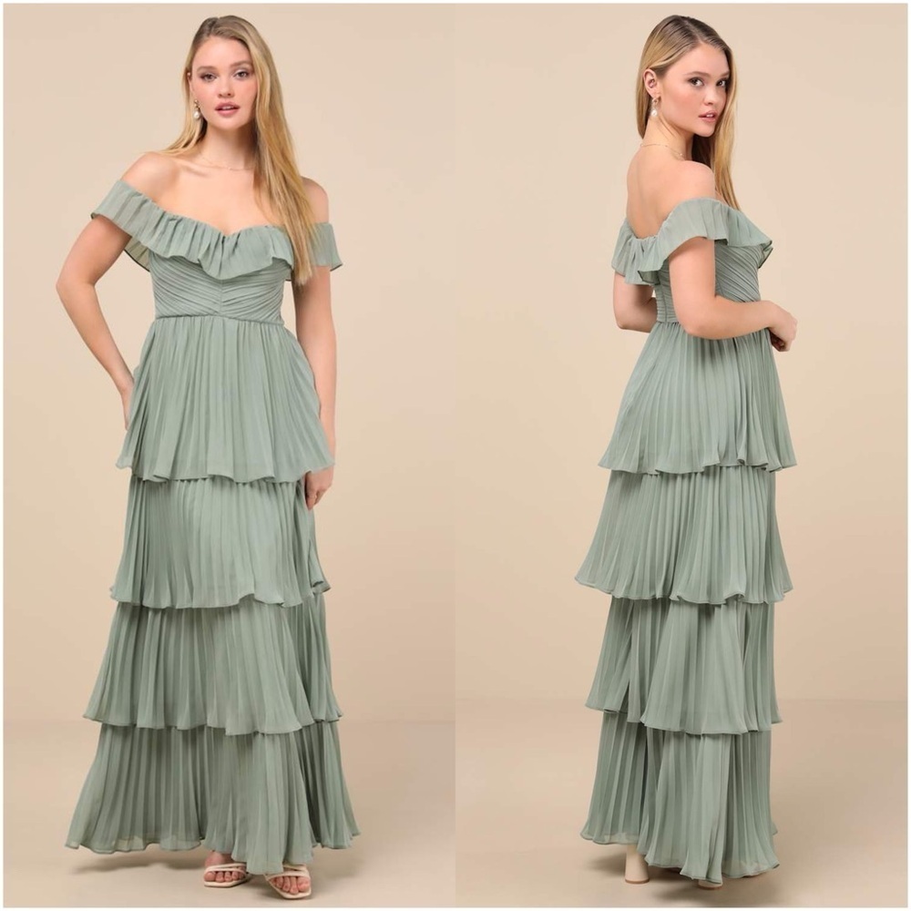 LULU'S Always Remarkable Sage Brush Pleated Off The Shoulder
Maxi Dress